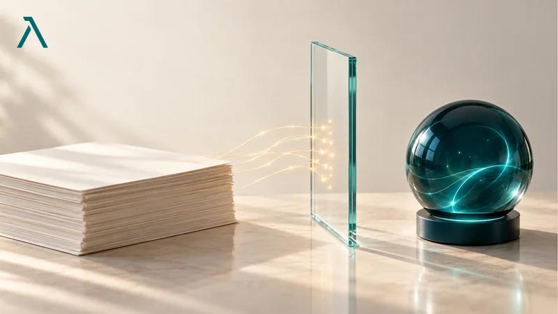 Composizione orizzontale: fili luminosi provenienti da fogli si fermano davanti a una barriera trasparente, prima di raggiungere una sfera che rappresenta un assistente AI.