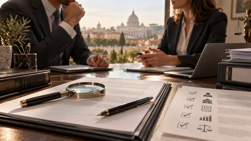 Due persone esaminano documenti e una lista di controlli prima di firmare un contratto.