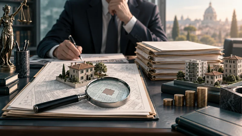 Mappe catastali, modelli di immobili e documenti per valutare un patrimonio immobiliare.