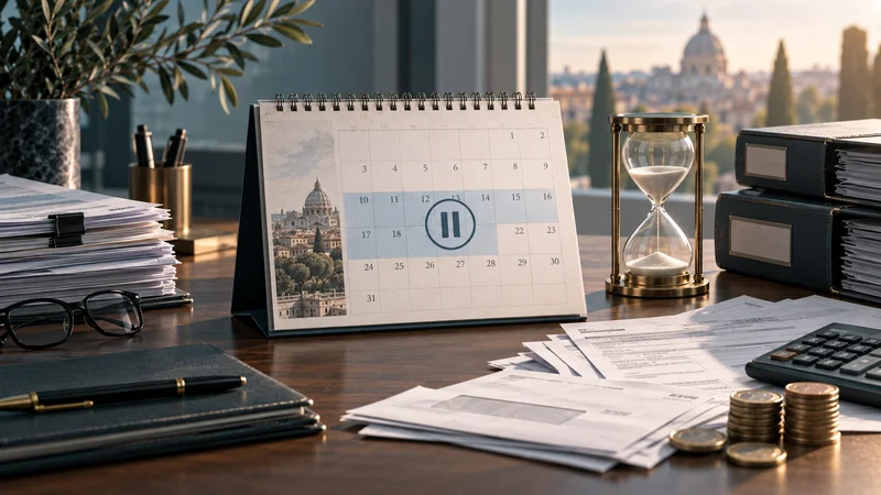 Calendario con simbolo di pausa, clessidra e documenti per distinguere sospensioni e scadenze fiscali.